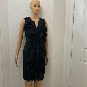 CALVIN KLEIN Black Sz 4 V Neck Sleeveless Ruffle Front Sheath Midi Dress